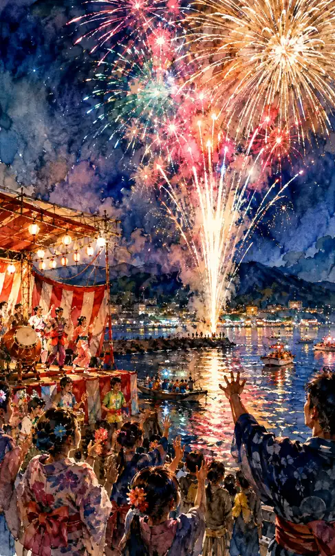 Harbor Stage and Hands of Joy Welcoming Grand Fireworks