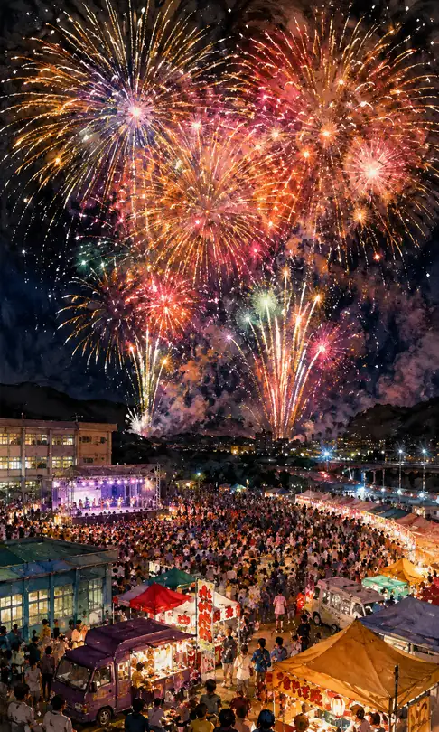 Grand Fireworks Illumining the Schoolyard Stage and Food Trucks