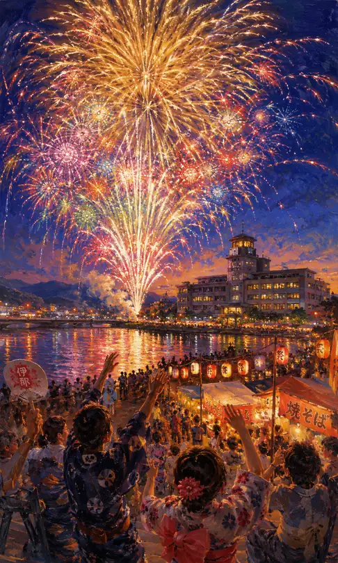 Western Building and Grand Colorful Fireworks Over the Ina Riverside