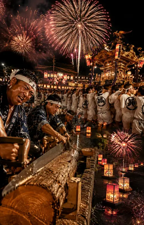 Craftsmen Sawing Logs and Grand Fireworks Over the Phoenix Shrine