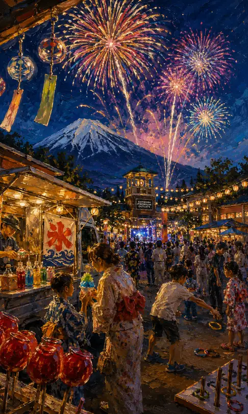Grand Fireworks and Shaved Ice Bustle Over Mount Fuji and Gotemba Outlets