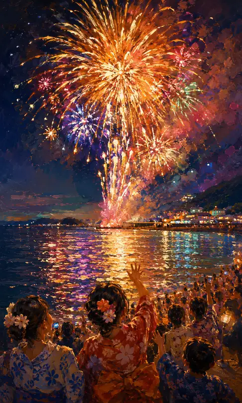 Hands Raised in Yukata on the Bay Shore Under Golden Fireworks