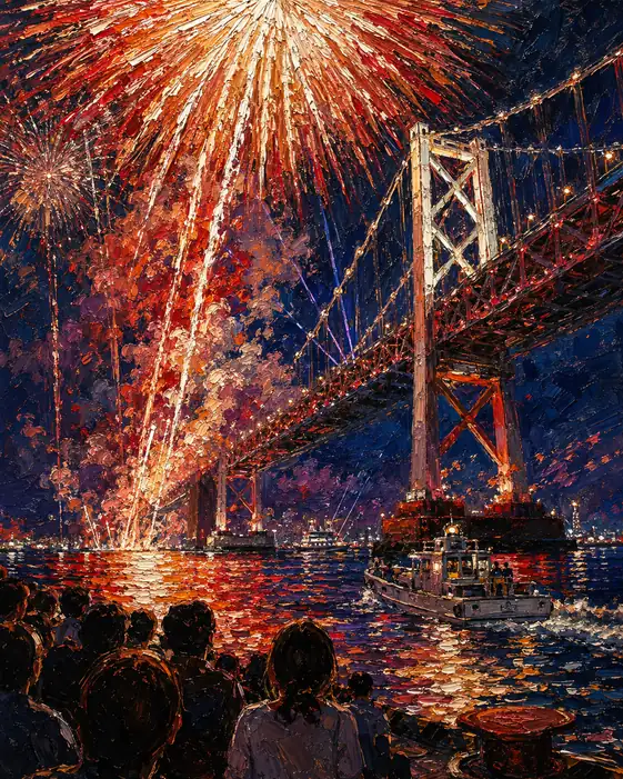 Spectators at the Harbor Looking Up at Grand Fireworks and Bay Bridge