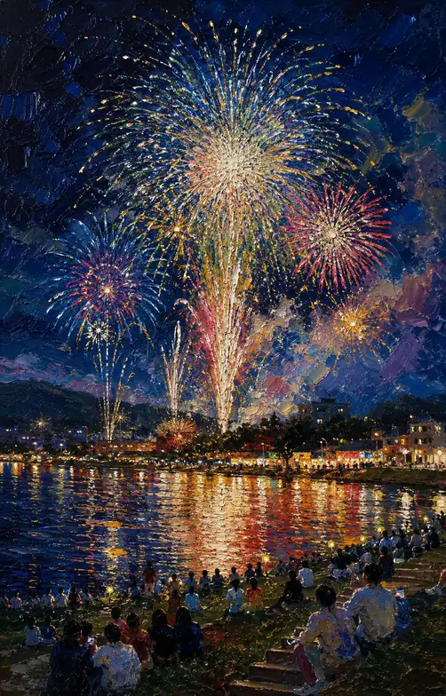 Spectators Seated on the Grassy Bank Watching River Reflections and Fireworks