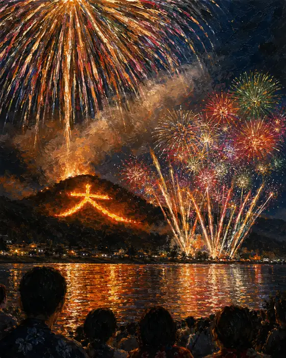 Daimonji Fire Mountain and Grand Fireworks Viewed from the Lakeside