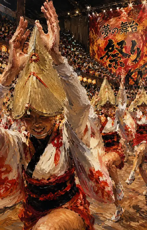 Awa Odori Dancers in Straw Hats Dancing on the Dream Stage