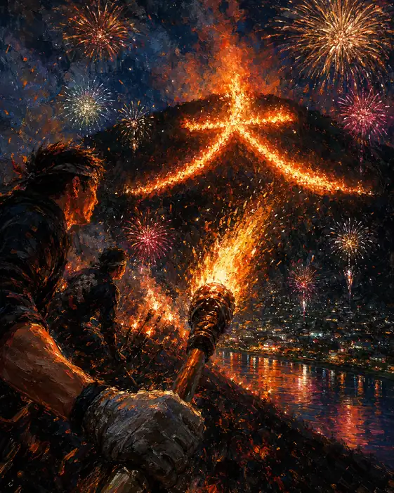 Burning Torches and Hands of Men Lighting the Daimonji Fire