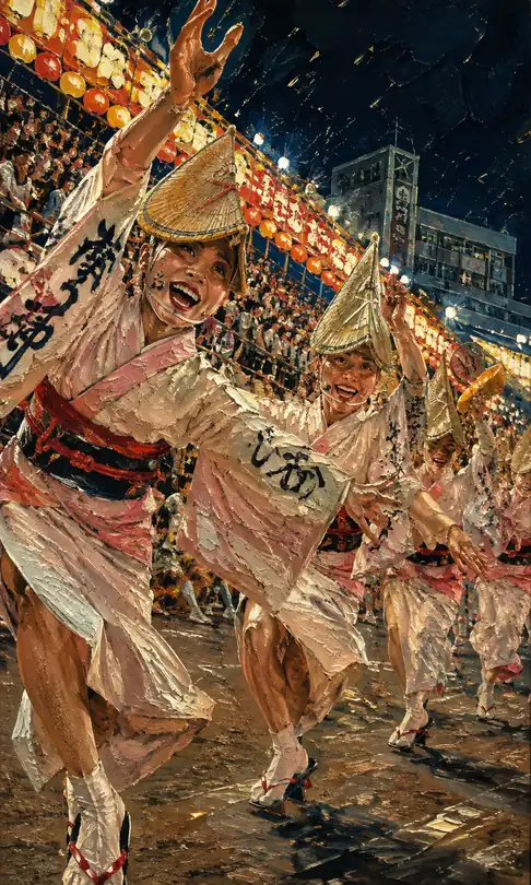 Straw-Hatted Awa Odori Dancers Advancing Through Lanterns and Cheers