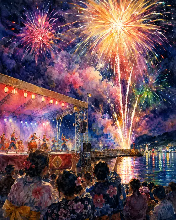 Taiko Drums Resonating on the Harbor Stage Under Gold-Pink Fireworks