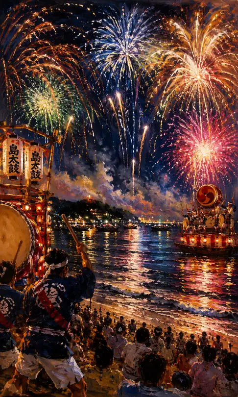 Island Taiko Drums and Festive Boat Resonating Under Fireworks