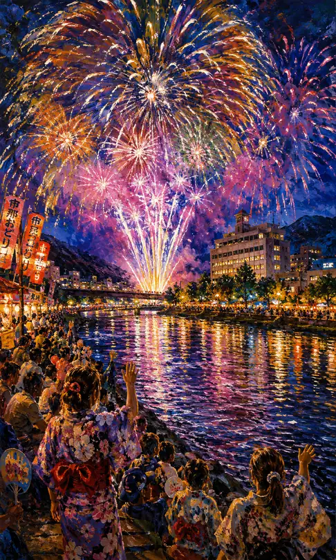 Grand Fireworks and Jubilant Spectators in Yukata by the Riverside City Hall