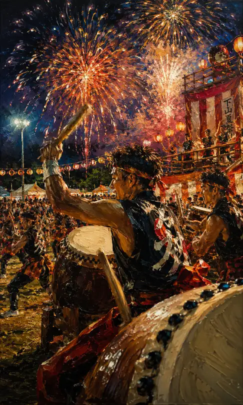 Men Beating Taiko Drums Under Fireworks at Shimoyama Summer Festival