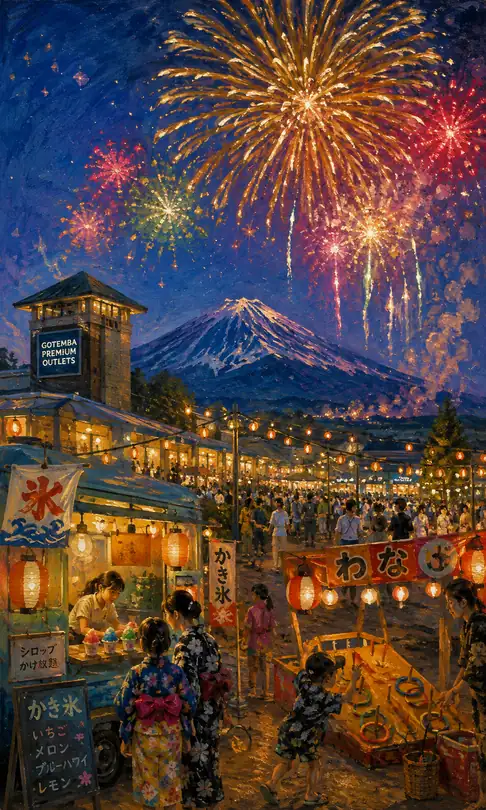 Grand Fireworks and Shaved Ice Stall Under Mount Fuji and Gotemba Outlets