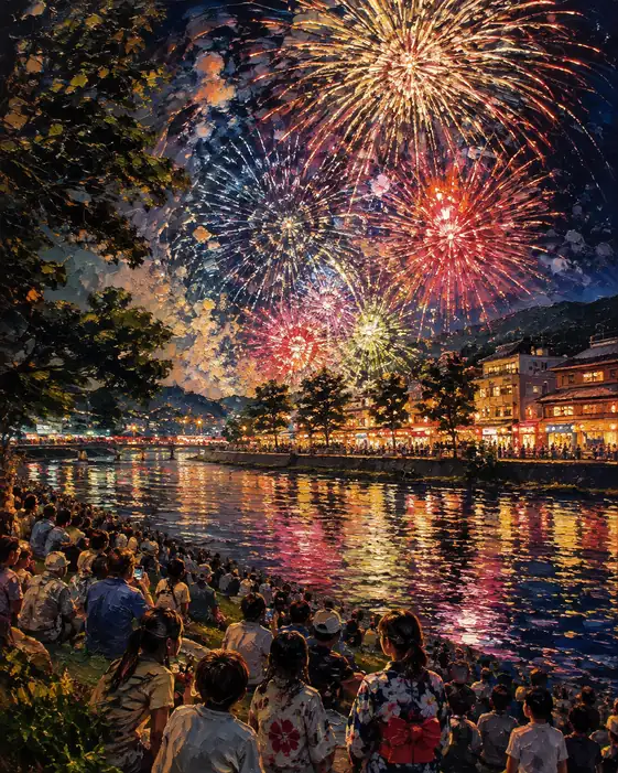 Spectators Seated on the Riverbank Watching Spa Town and Fireworks