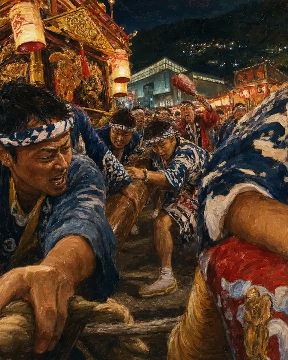 Men Pulling the Heavy Ropes of the Golden Shrine Truck with Passion