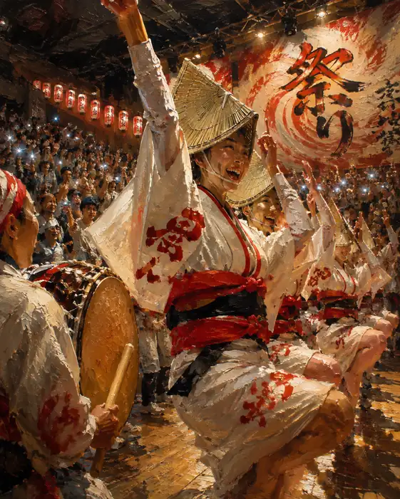 Awa Odori Dancers in Straw Hats Dancing Before the Matsuri Banner