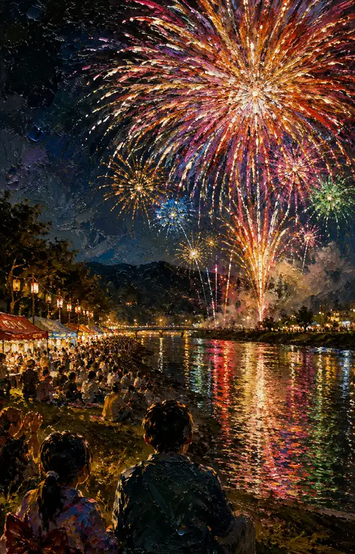 Couple Seated by the River Watching Bridge and Grand Pink-Gold Fireworks