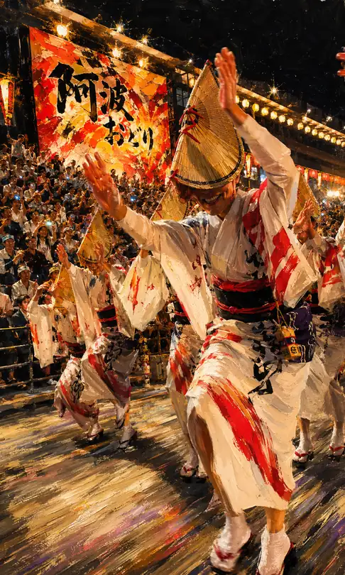 Awa Odori Dancers in Straw Hats Dancing Before the Awa Odori Sign
