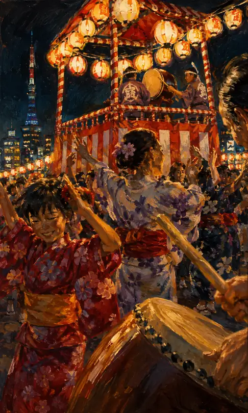 Bon Dance and Drums Resonating Under Tokyo Tower and Lantern Tower