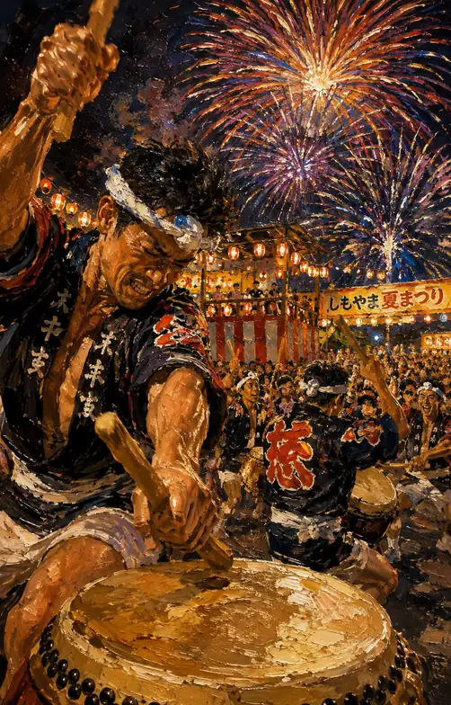 Passionate Taiko Drummer's Shout Resonating Under Shimoyama Summer Fireworks