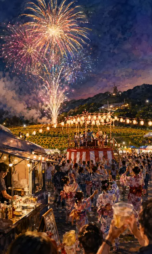 Bon Dance and Fireworks Over Sunflower Hills and Windmill