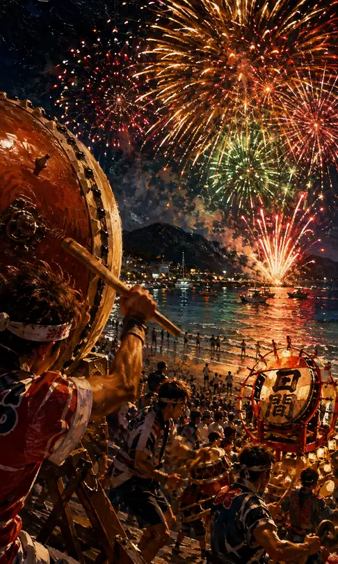 Tama Drum Platform on the Beach and Grand Fireworks Over the Sea
