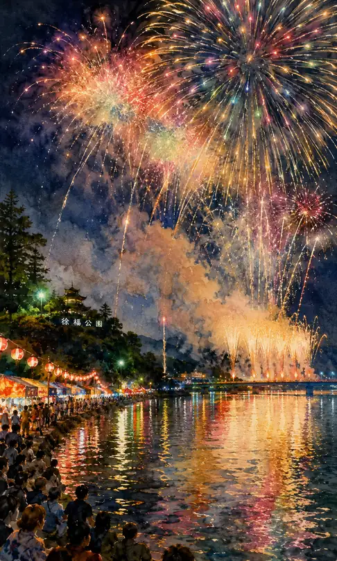 Grand Colorful Fireworks Over Jofuku Park Waterfront and Bridge