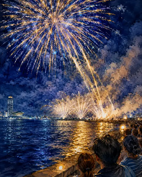 Couple on the Harbor Breakwater Watching High-Rise Tower and Blue-Gold Fireworks