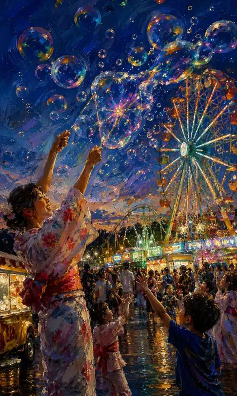 Yukata Woman Blowing Giant Soap Bubbles by the Glowing Ferris Wheel