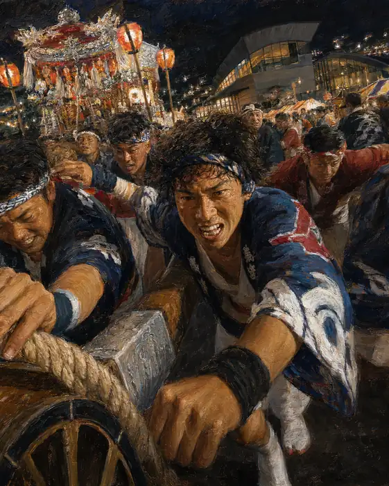 Men Pushing Forward with the Heavy Ropes and Wheels of the Festival Float