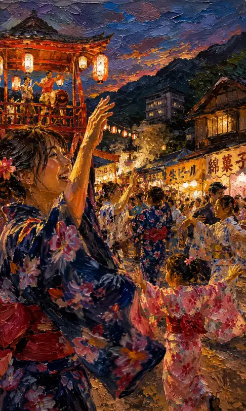 Bon Dance Energetically Dancing Under Spa Town Lanterns and Stalls