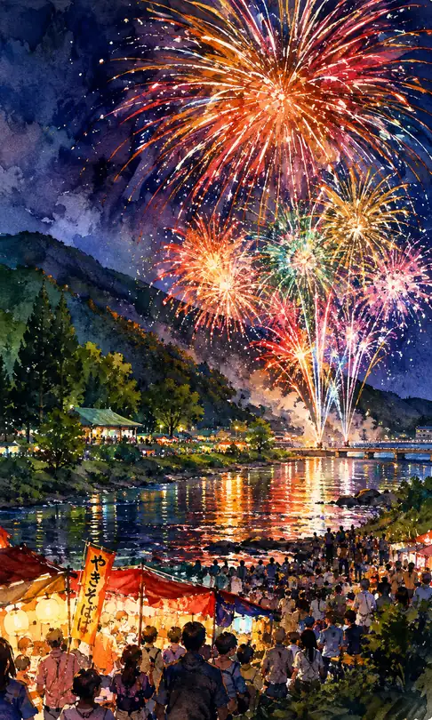 Yakisoba Stall Lights and Splendid Fireworks Over Mountain Stream