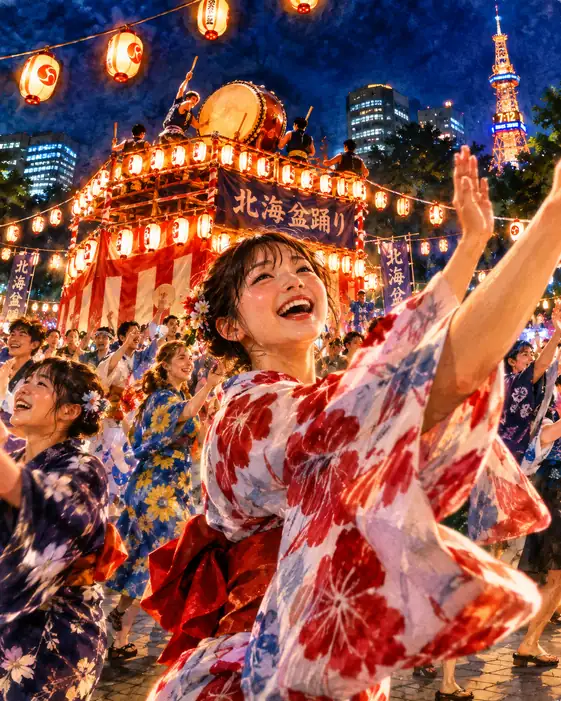 Hokkai Bon Dance Energetically Dancing Under Sapporo TV Tower