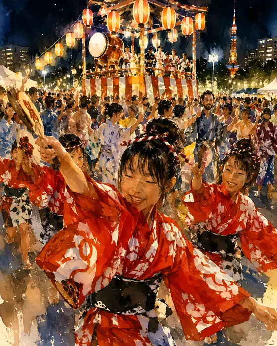 Girls Dancing with Fans Under Tokyo Tower and Lantern Tower