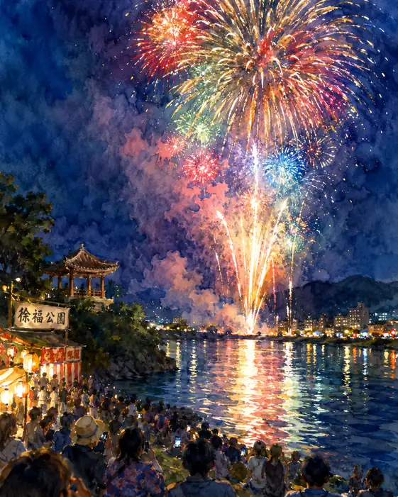 Chinese-Style Pavilion at Jofuku Park and Splendid Fireworks Over River