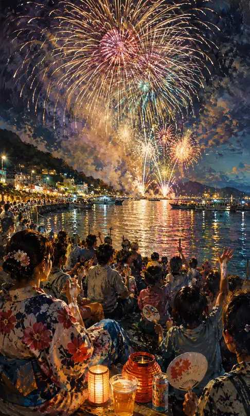 Spectators Enjoying Grand Fireworks with Beer on the Harbor Terrace