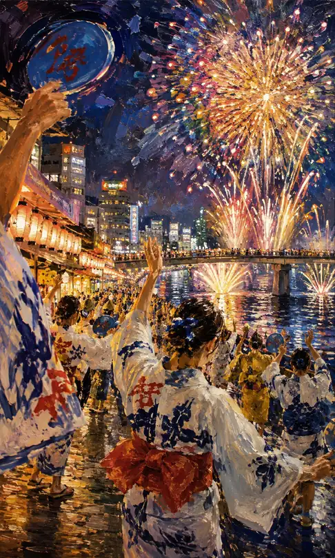Yukata Dancers Raising Fans by the River Under Pink-Gold Fireworks
