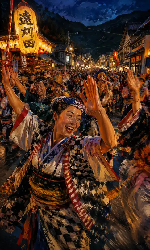 Checkered Costume Dancer Under the Grand Lantern in Togatta Onsen