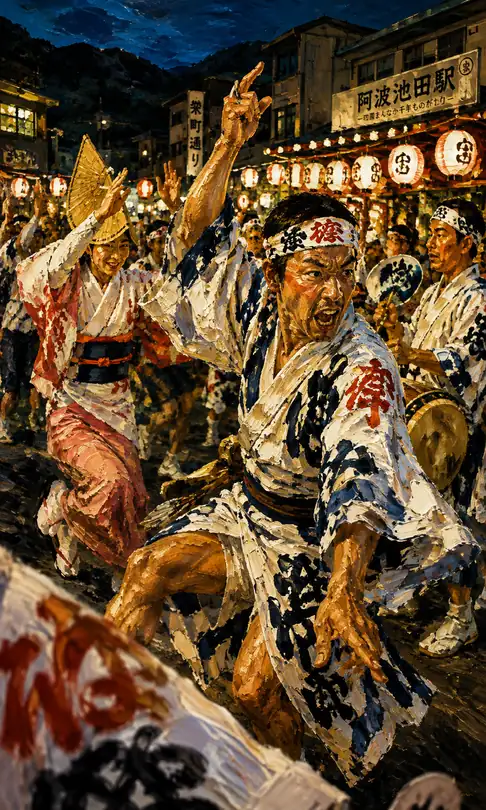 Dynamic Male Dancer and Straw-Hatted Woman Dancing Before Awa-Ikeda Station
