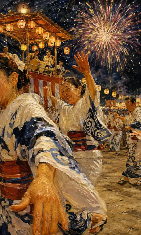 Bon Dance Dancers in Wave-Patterned Yukata Under Lanterns and Fireworks