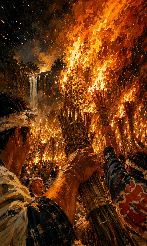 聖なる滝を焦がす神々の炎