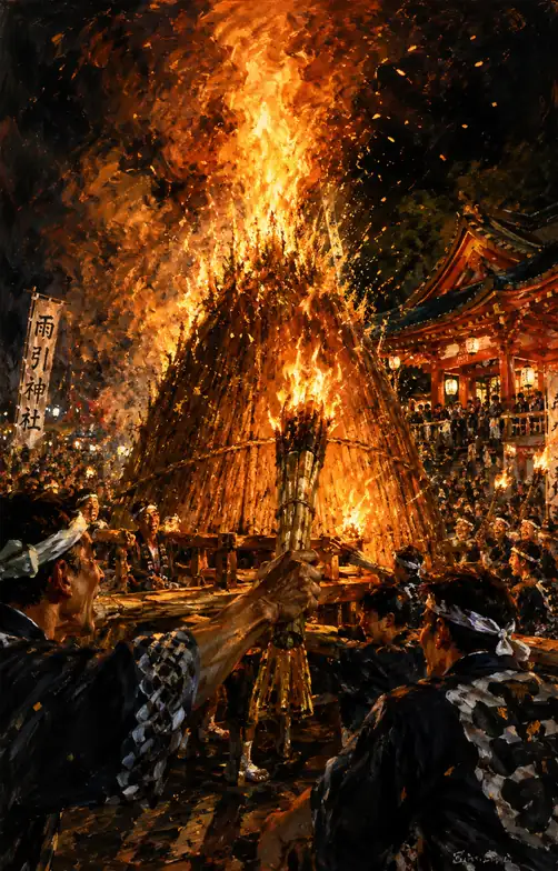 神域の闇を祓う巨大なる松明の炎