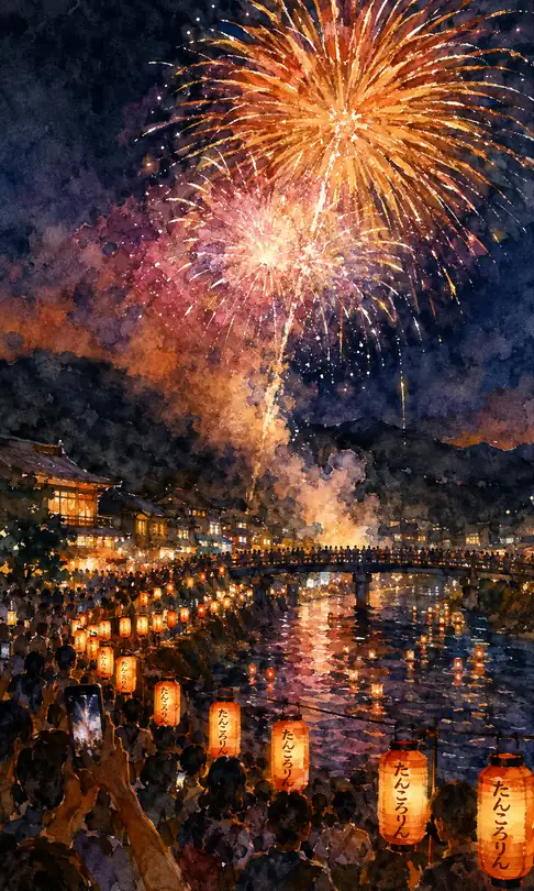 A Valley Night Spun by Floating Lanterns and Fireworks