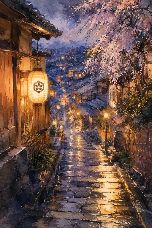 Blooming Lanterns and Night Cherry on Wet Stone Steps