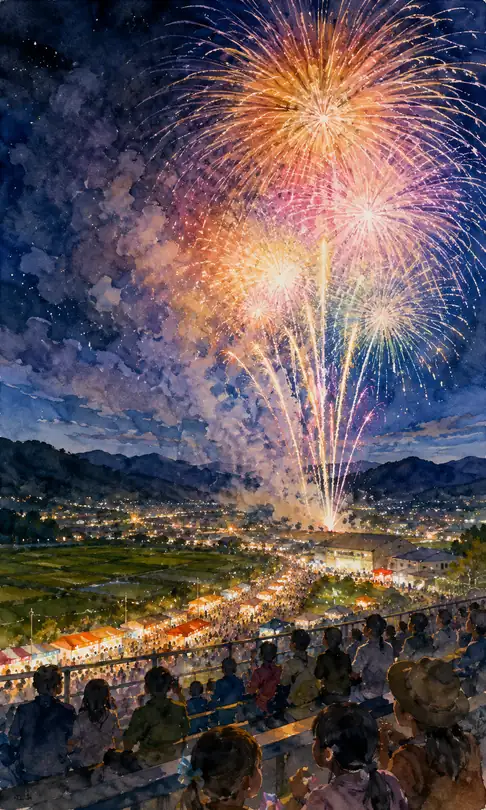 賑わう夜店と星空へ咲く打ち上げ花火