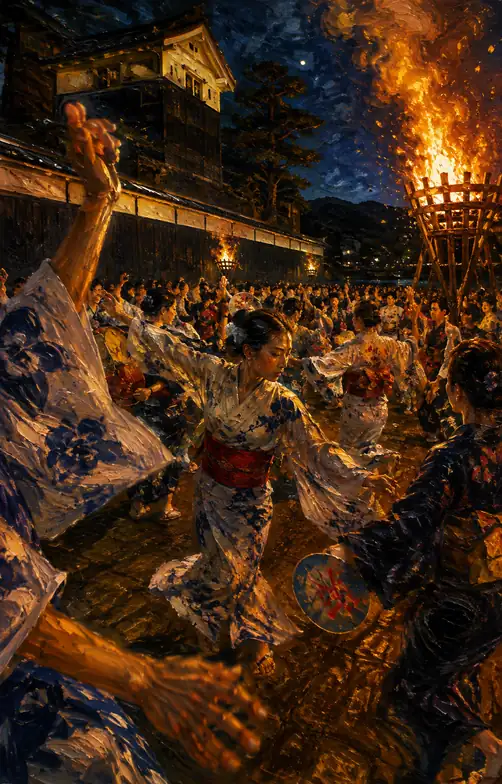 Flame Dance Circle Illuminating Castle Shadows