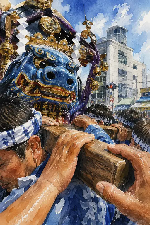 Shoulders of Men Advancing Through Town Bearing the Blue Lion