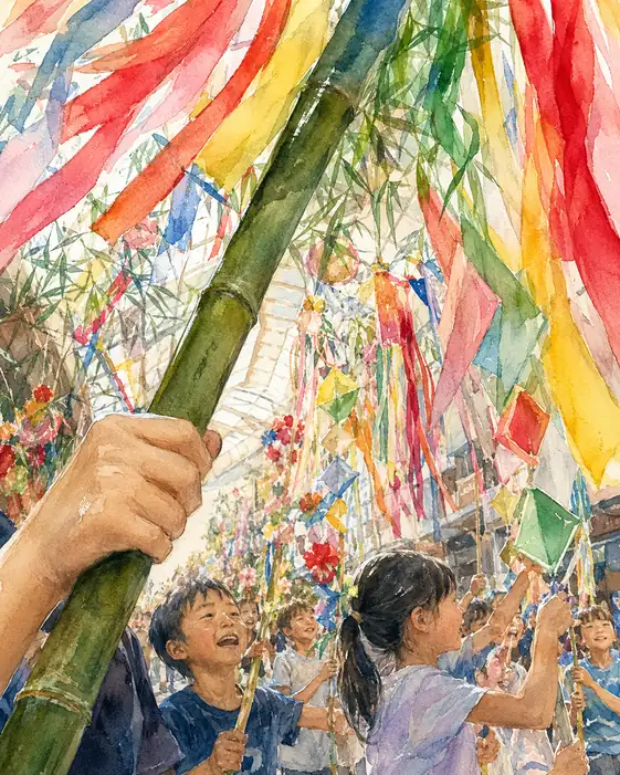 Tanabata Breeze Laughing with Children Gripping Green Bamboo