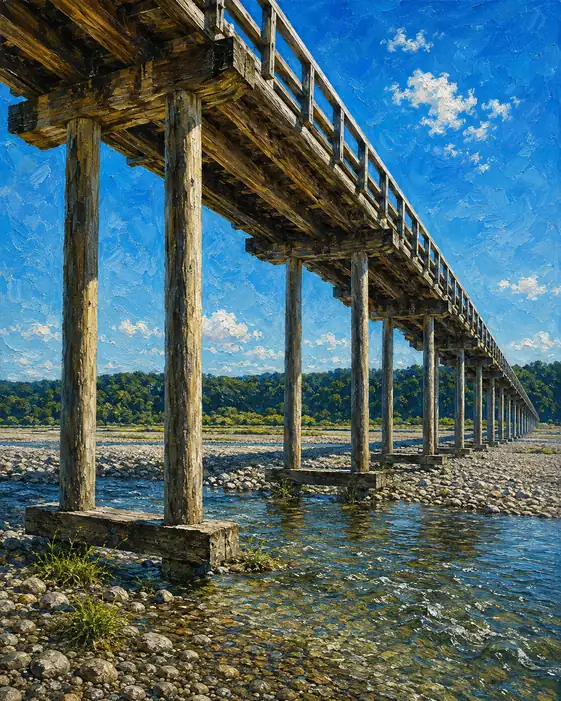 木組みの影と流れる清流