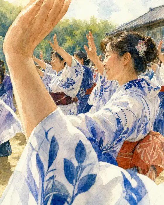 Indigo Circle Dance Blossoming in the Sunlit Shrine Grounds